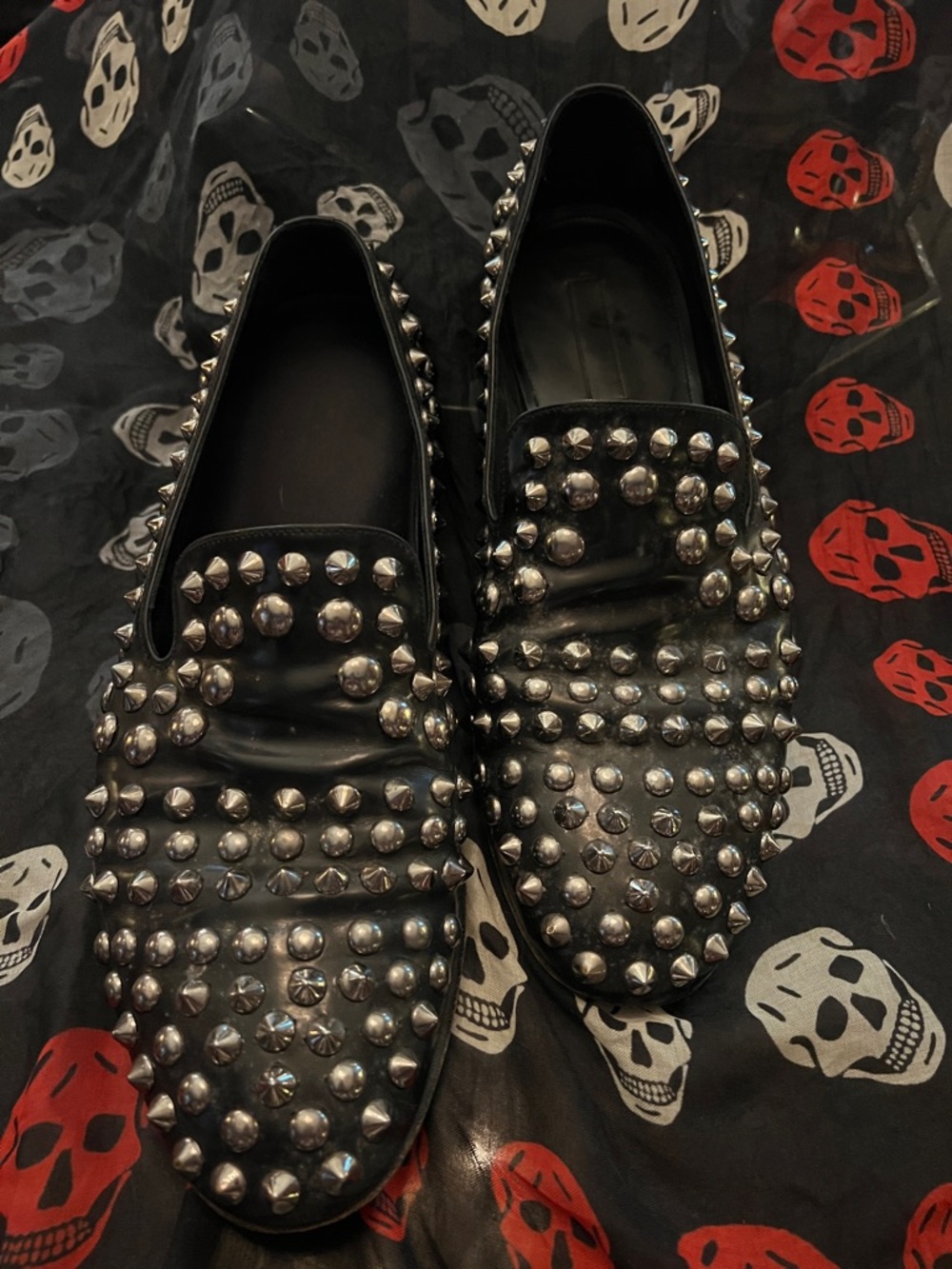 Prada Black Leather Studded Slip-On Loafers